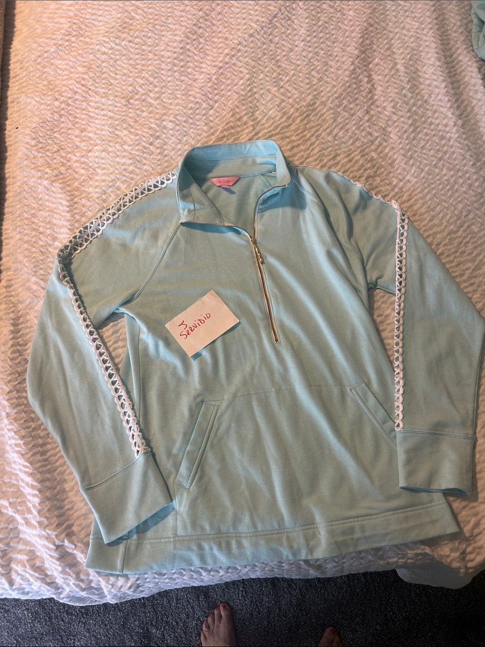 Lilly Pulitzer Light Blue Half-Zip Pullover with Lace Trim